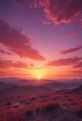 Fototapeta premium Crimson, rose, violet hues blend seamlessly across vast sky Stunning sunset panorama , crimson, idyllic, daybreak