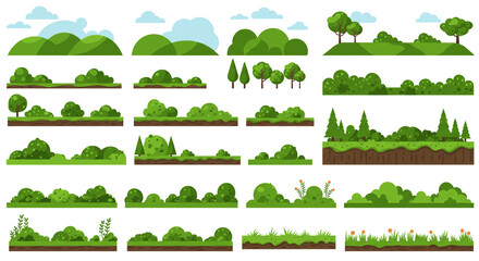 A vibrant collection of lush green landscapes, featuring rolling hills, bushy shrubs, and towering trees, ideal for game design or digital art projects with simple flat design.