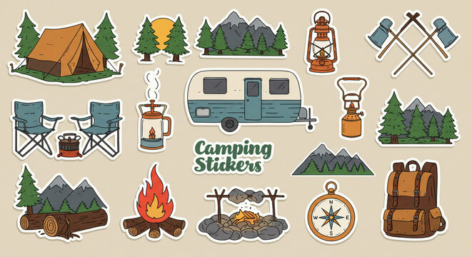 A nostalgic collection of camping adventure stickers featuring tents, campfires, and mountain landscapes in a vintage, hand-drawn style.
