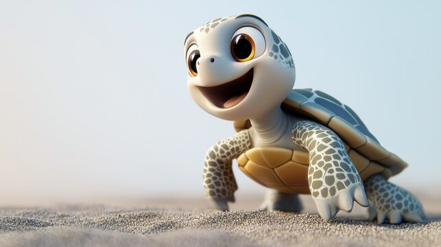 Cute cartoon turtle on sandy beach, happy expression, soft light