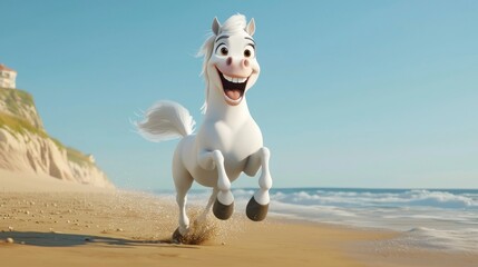 Happy cartoon horse runs on beach near lighthouse