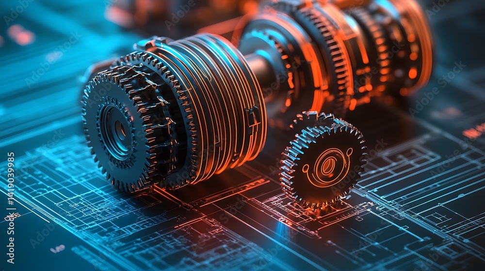 Aufkleber close up view of metallic gears and cogs resting on a circuit board. the gears are illuminated with 