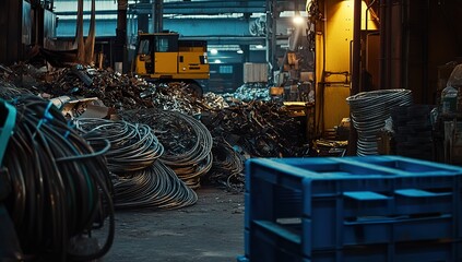 Cinematic photograph of expansive metal scrap piles in an industrial warehouse, styled with Expanse series aesthetic and color grading. Blue accents highlight the warehouse setting, 