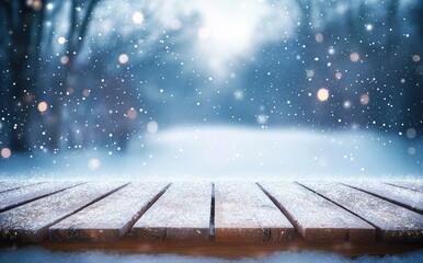 Serene winter landscape with wooden plank floor soft snowfall blue tones bokeh lighting atmospheric depth centered composition