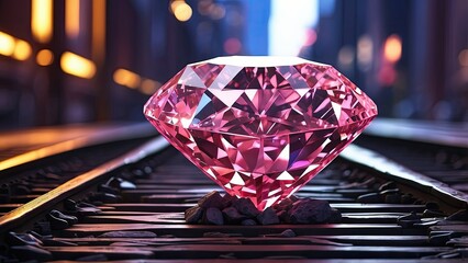 A large, faceted red gemstone resting on railroad tracks