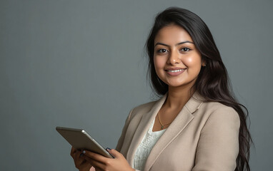 Professional Indian woman in beige blazer holding a tablet horizontally, studio shot on soft gray background, ideal for business and tech related visuals.

