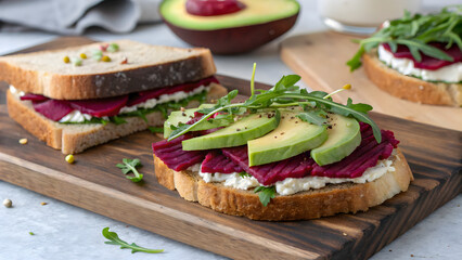 Healthy Avocado and Beet Sandwich with Cream Cheese and Arugula on Rustic Bread – Fresh Vegetarian Snack