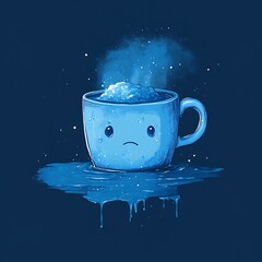 Pixel art illustration of a sad blue mug with condensation dripping onto a dark blue background, emitting steam resembling sparkly snow. The mug has a simple, cartoonish face expressing sadness