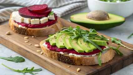 Healthy Avocado and Beet Sandwich with Cream Cheese and Arugula on Rustic Bread – Fresh Vegetarian Snack