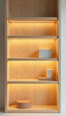 Futuristic wooden shelf, clean lines & soft light, ideal for product shots , graphic, advertising, shelf
