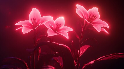 Three glowing pink lilies surrounded by dark foliage, creating a mystical atmosphere.