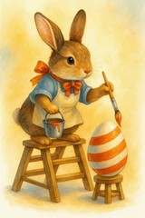 Easter Bunny Painting a Striped Egg in Watercolor Style