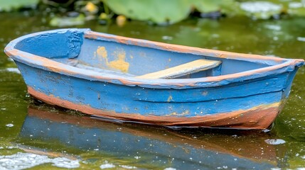 Obraz premium Small blue and terracotta rowboat floats gently on dark green water, surrounded by lily pads. The paint is chipped and weathered, giving it a rustic look. Soft sunlight reflects on the water