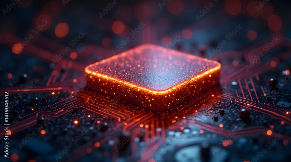 Poster Digital circuit with glowing microchip surrounded by intricate connections and glowing nodes in dark environment