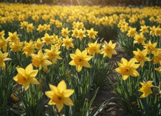 Fototapeta premium Sunlit field of vibrant yellow daffodils in full bloom, petals glistening , sunlight, flowering plant