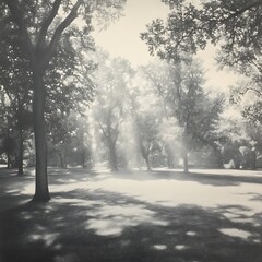 Obraz premium Black and white photograph of a sunlit park scene. Sunlight streams through the leaves of trees casting dappled shadows on the grassy ground. The atmosphere is peaceful and serene