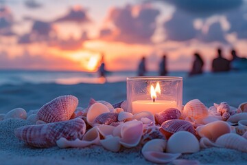 A lit candle sits in a glass jar on a beach surrounded by seashells with a blurred sunset and people in the background