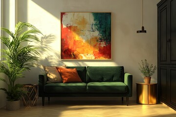 Sunlit living room with green velvet sofa, abstract art, and plants