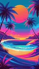 Naklejka premium Colorful Sunset Beach With Vibrant Waves and Tropical Palm Trees