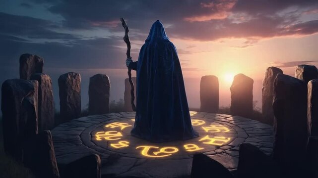 A man in a blue robe stands in front of a circle of stones with the letters T, O