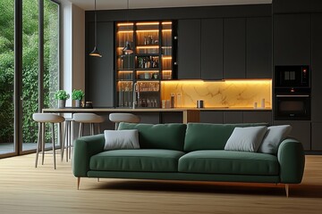 Modern Scandinavian kitchen and living room interior with cozy green sofa white cushions dark cabinets wooden flooring soft natural light minimalist design photorealistic
