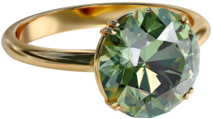gold ring with a large green gemstone. isolated, transparent background