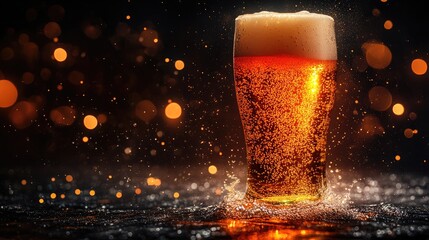 Frothy beer pint, dark bokeh background, drinks menu