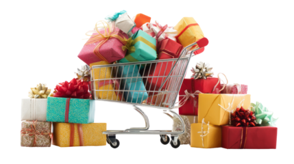 shopping cart filled with colorful gift boxes. isolated, transparent background