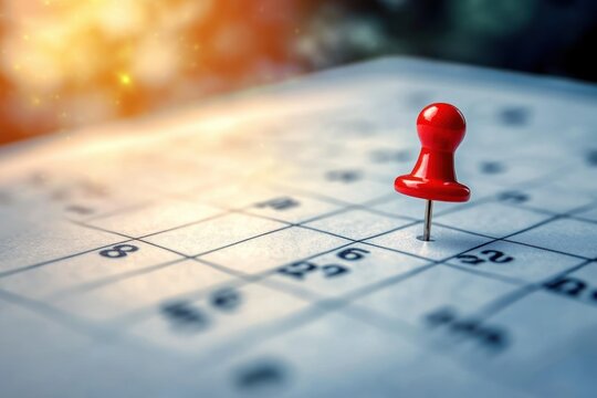 Closeup of calendar with red push pin on 15th date important appointment reminder - Powered by Adobe