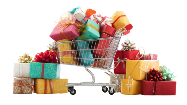 shopping cart filled with colorful gift boxes. isolated, transparent background