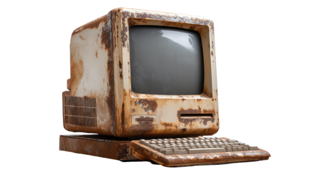 a rusty old computer, symbol of tech obsolescence. isolated, transparent background