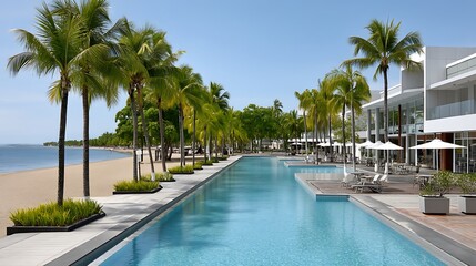 Fototapeta premium Luxurious Beachfront Resort Pool and Palm Trees Tropical Getaway