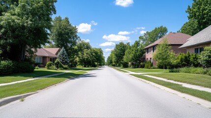 Residential street lined with houses, trees, and lawns