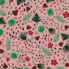Tropical fruits seamless pattern watermelon lemons and tropical leaves composition design for textile prints. Vector illustration.