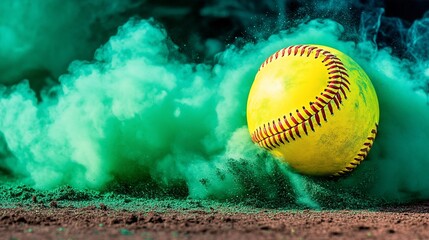 Softball rolling, green smoke, field, action shot