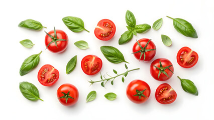 Fresh Ripe Tomatoes and Basil Leaves Isolated on White Background – Top View of Natural Ingredients