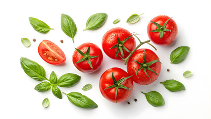 Fresh Ripe Tomatoes and Basil Leaves Isolated on White Background – Top View of Natural Ingredients
