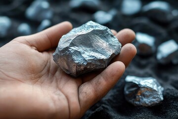 Close-up of hand holding metallic rare earth mineral ore with textured dark sand and similar rocks in background