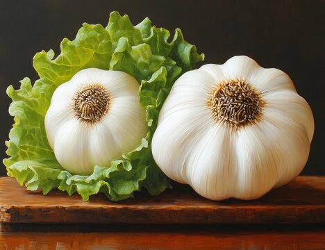 Two garlic bulbs with fresh green lettuce isolated on white background
