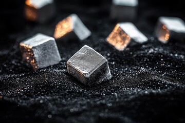 Shiny silver and platinum cubes on black coarse sand with dramatic lighting and shallow depth of field