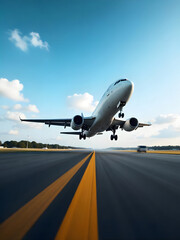 A jet plane takes flight from the runway under a beautiful blue sky, soaring up.