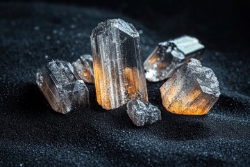 Close-up of raw silver and platinum mineral crystals on black sand with high contrast and detailed texture in industrial low-key lighting