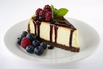 Fresh Slice Creamy New York-Style Cheesecake Is Elegantly Presented White Plate. It'S Topped Raspberries, Sprig Mint, Rich Chocolate Sauce, Accompanied Additional Blueberries Raspberries.