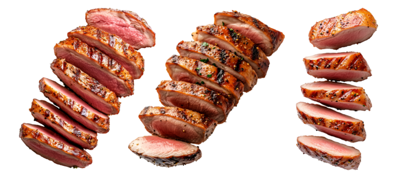 Set of Sliced grilled duck breast seasoned with spices isolated on white transparent background, concept of healthy food and barbecue