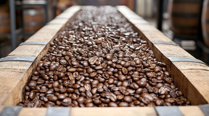 Barrel Aged Coffee Beans in Warm Amber Tones   Artisanal Gourmet Beverage Concept  Rich complex flavors of barrel aged specialty coffee with a sophisticated premium feel