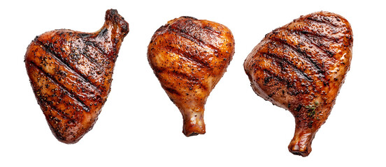 Set of Grilled duck drumsticks thigh seasoned with spices and herbs, isolated on white transparent background. Concept of delicious roasted food