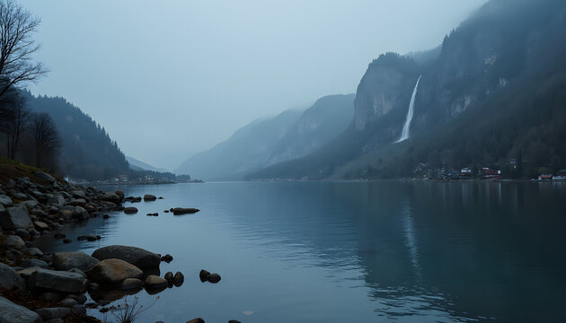 Misty Lake Waterfall serene cool blue green nature landscape [with copy space]