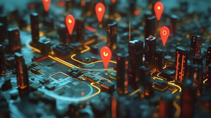 Abstract city map with gps location pins and glowing roads for navigation and urban planning concept