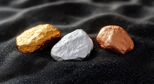 Gold silver and copper metallic ore nuggets on black sand natural mineral raw precious metals from mine