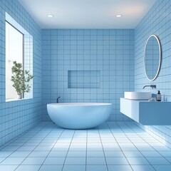 Modern blue bathroom with oval mirror and oval tub